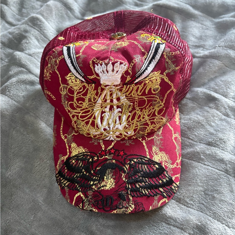 Christian Audigier Red and Gold Denim Cap - vintage